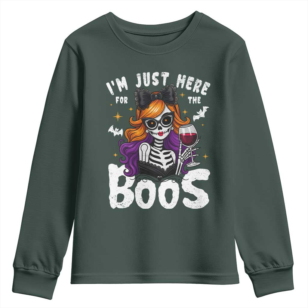 Funny Skull Halloween Youth Sweatshirt I Am Just Here For The Boos Skeleton Party Girl TS14 Dark Forest Green Print Your Wear