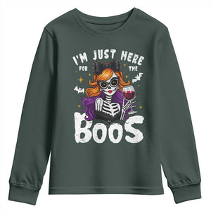 Funny Skull Halloween Youth Sweatshirt I Am Just Here For The Boos Skeleton Party Girl TS14 Dark Forest Green Print Your Wear