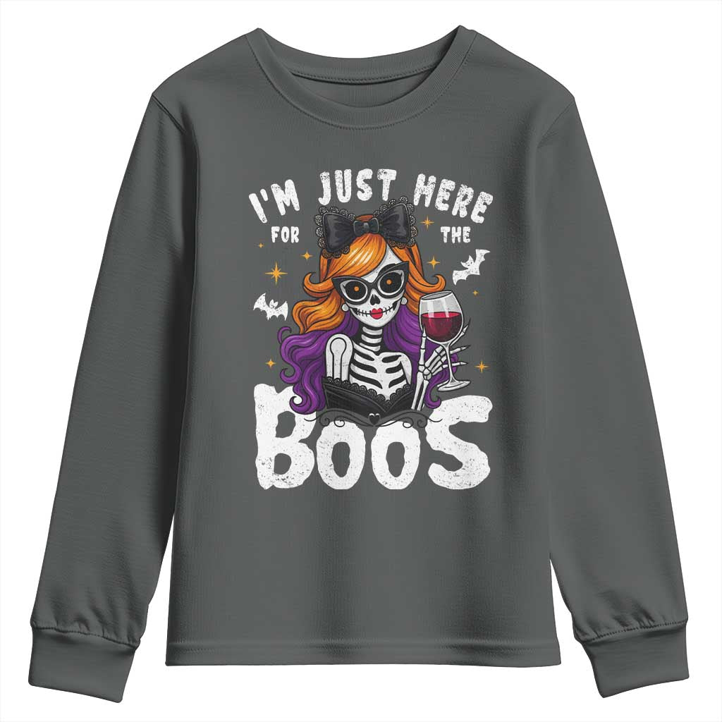 Funny Skull Halloween Youth Sweatshirt I Am Just Here For The Boos Skeleton Party Girl TS14 Dark Heather Print Your Wear