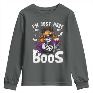 Funny Skull Halloween Youth Sweatshirt I Am Just Here For The Boos Skeleton Party Girl TS14 Dark Heather Print Your Wear