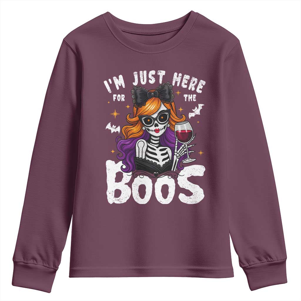 Funny Skull Halloween Youth Sweatshirt I Am Just Here For The Boos Skeleton Party Girl TS14 Maroon Print Your Wear