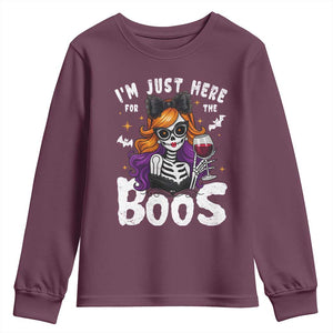 Funny Skull Halloween Youth Sweatshirt I Am Just Here For The Boos Skeleton Party Girl TS14 Maroon Print Your Wear