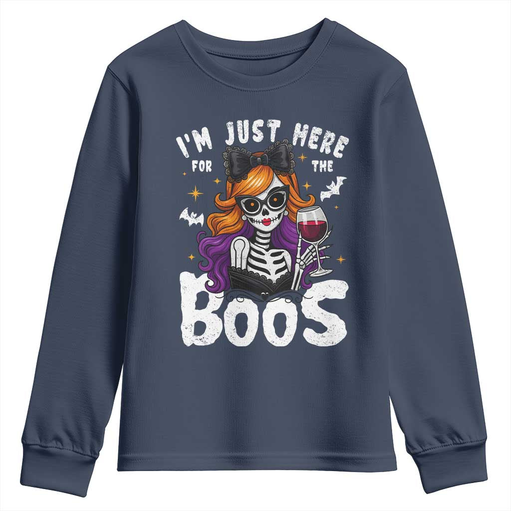 Funny Skull Halloween Youth Sweatshirt I Am Just Here For The Boos Skeleton Party Girl TS14 Navy Print Your Wear