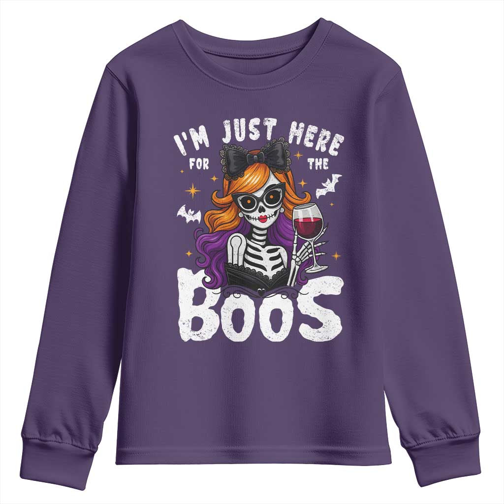 Funny Skull Halloween Youth Sweatshirt I Am Just Here For The Boos Skeleton Party Girl TS14 Purple Print Your Wear