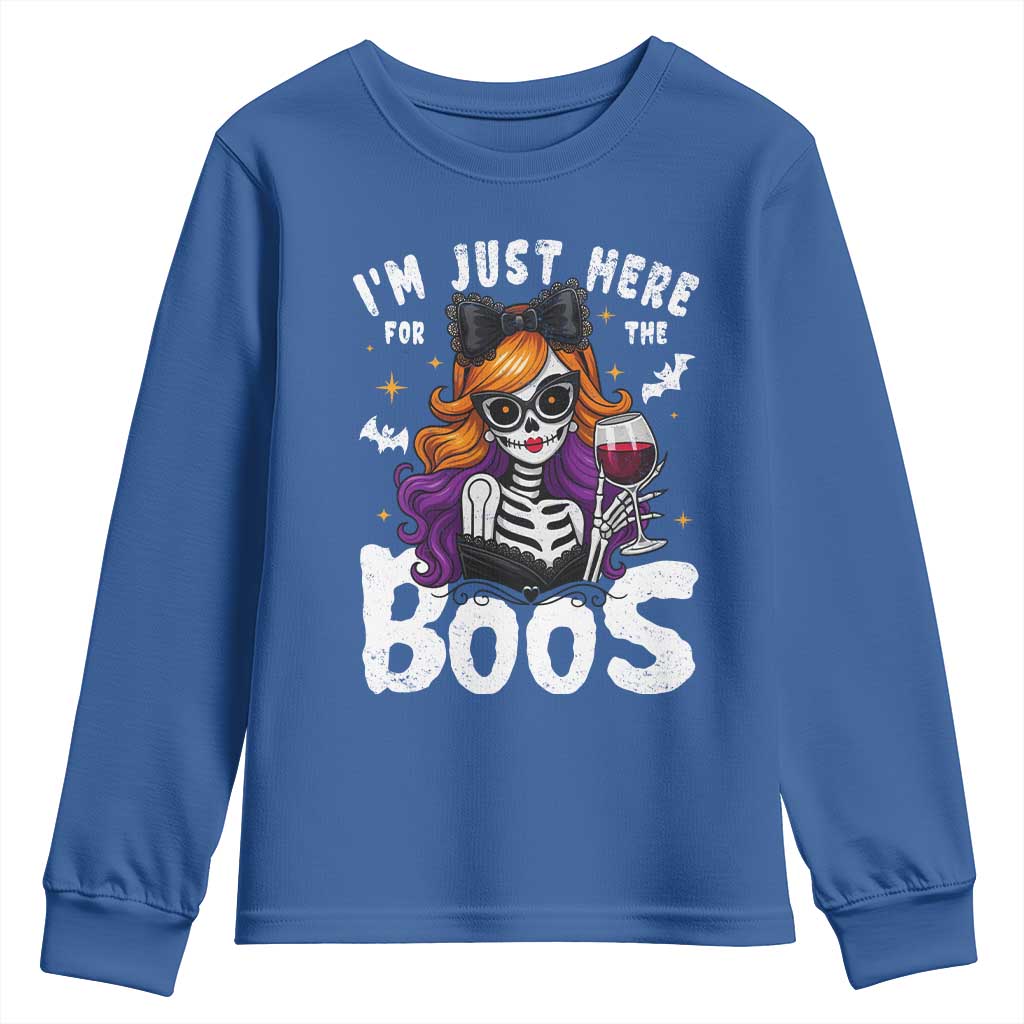 Funny Skull Halloween Youth Sweatshirt I Am Just Here For The Boos Skeleton Party Girl TS14 Royal Blue Print Your Wear