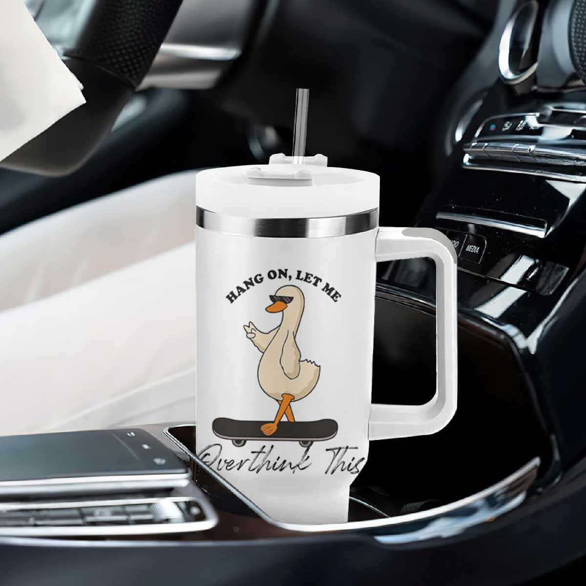 Hang On Let Me Overthinking This Tumbler With Handle Funny Duck Skateboard Sarcastic Skater TS14 Print Your Wear