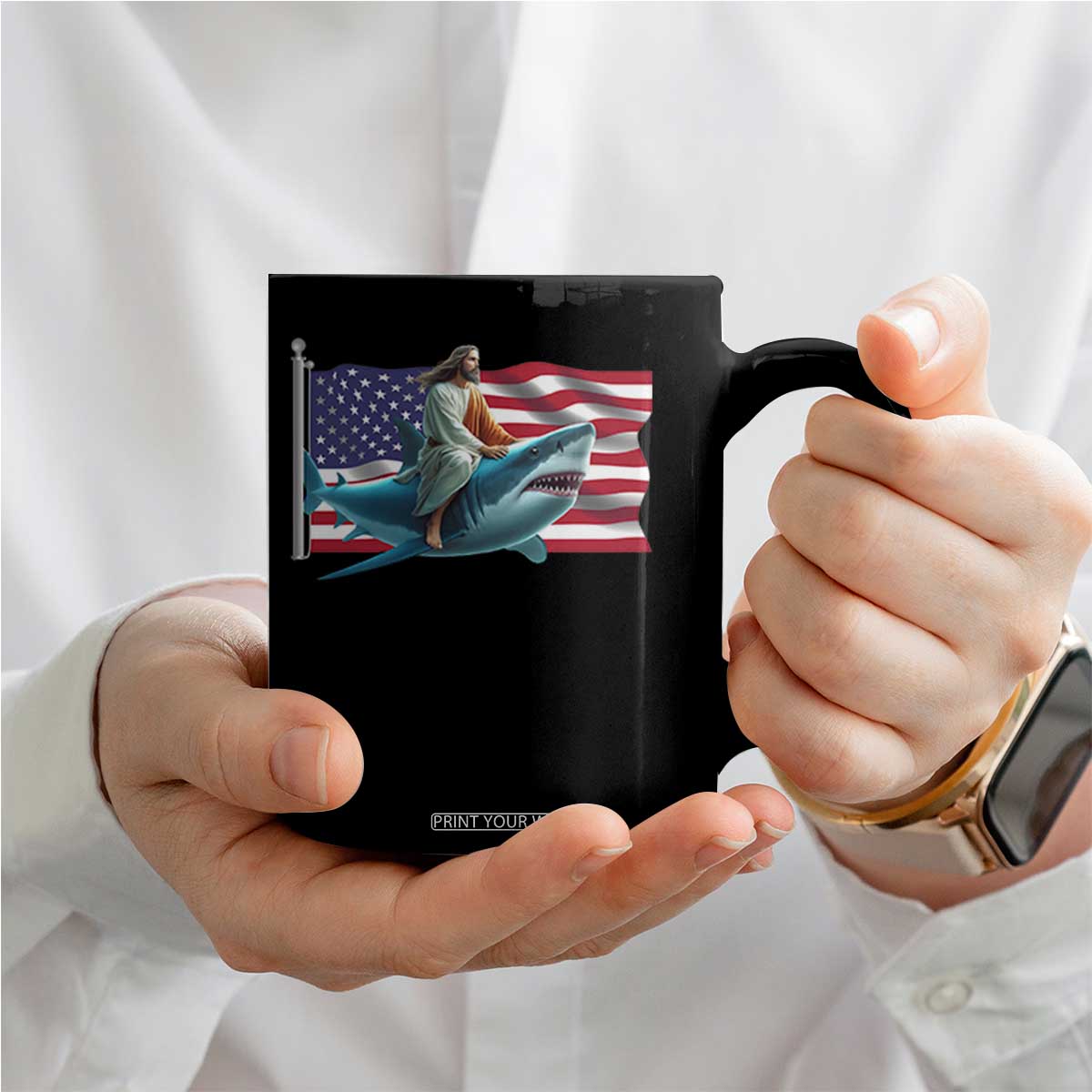 Funny Jesus Shark Coffee Mug Christian Patriotic American Flag Meme TS14 Print Your Wear