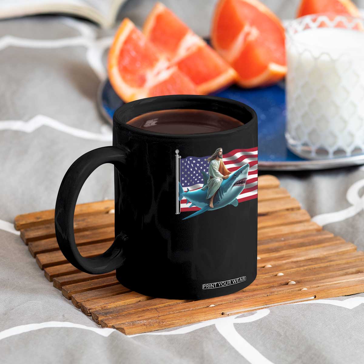 Funny Jesus Shark Coffee Mug Christian Patriotic American Flag Meme TS14 Print Your Wear