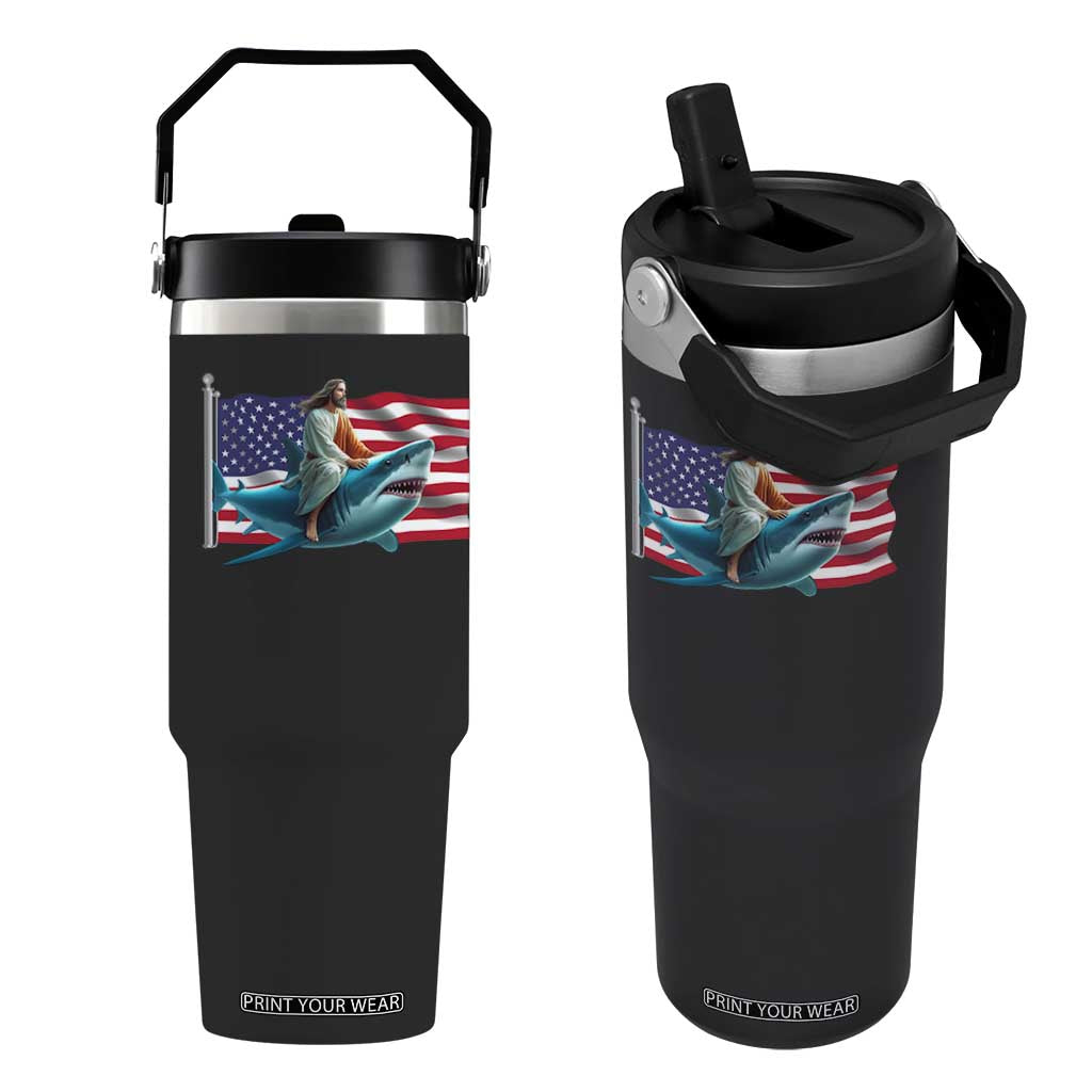 Funny Jesus Shark Flip Straw Tumbler Christian Patriotic American Flag Meme TS14 One Size: 30 oz Black Print Your Wear