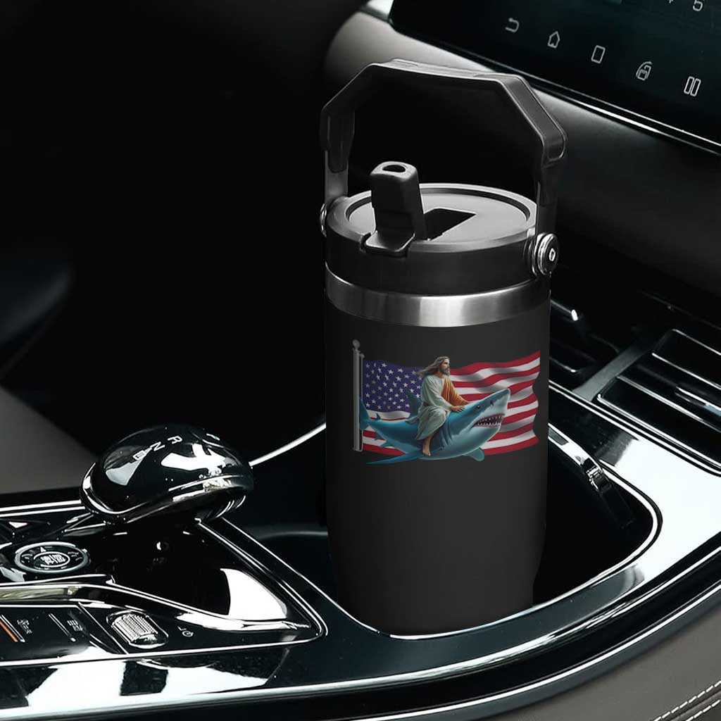 Funny Jesus Shark Flip Straw Tumbler Christian Patriotic American Flag Meme TS14 Print Your Wear