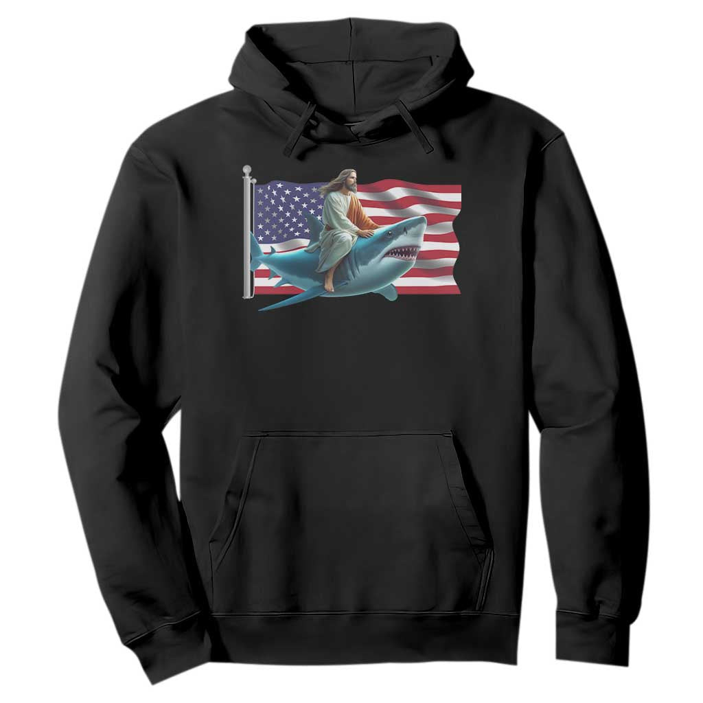 Funny Jesus Shark Hoodie Christian Patriotic American Flag Meme TS14 Black Print Your Wear