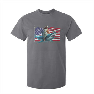 Funny Jesus Shark T Shirt For Kid Christian Patriotic American Flag Meme TS14 Charcoal Print Your Wear