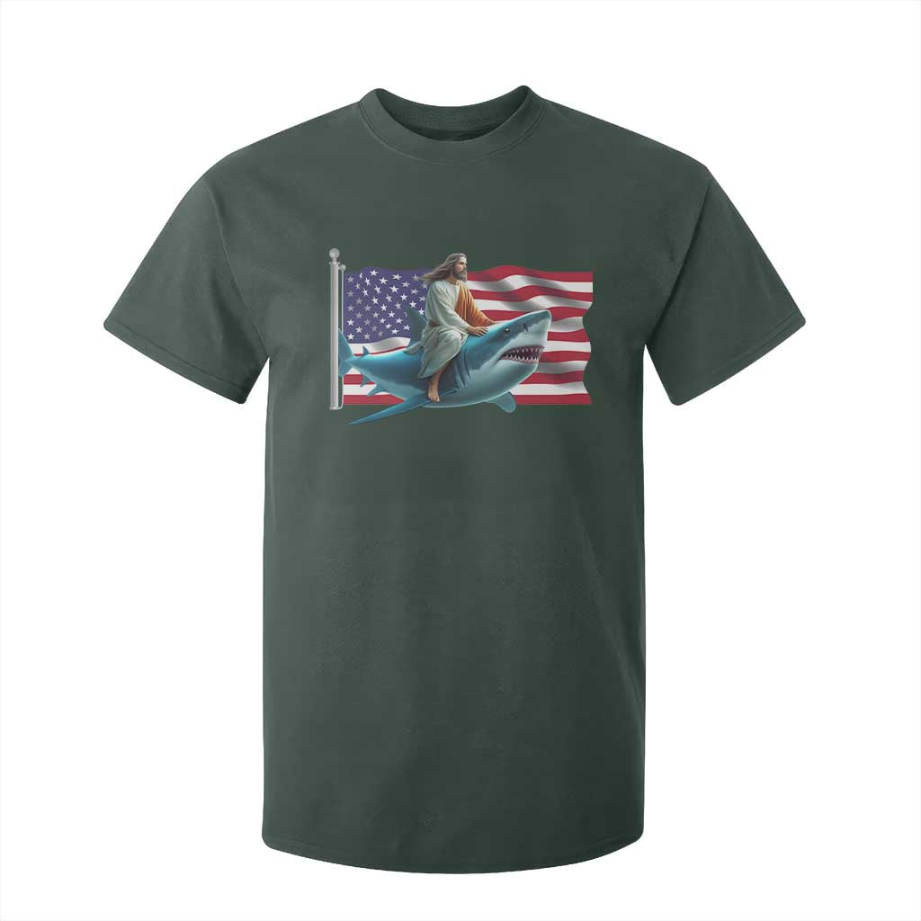 Funny Jesus Shark T Shirt For Kid Christian Patriotic American Flag Meme TS14 Dark Forest Green Print Your Wear