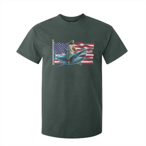 Funny Jesus Shark T Shirt For Kid Christian Patriotic American Flag Meme TS14 Dark Forest Green Print Your Wear