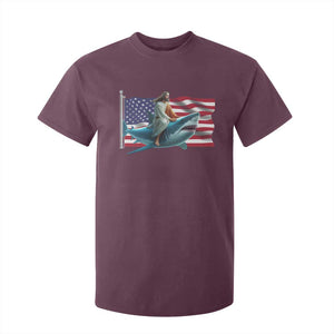 Funny Jesus Shark T Shirt For Kid Christian Patriotic American Flag Meme TS14 Maroon Print Your Wear