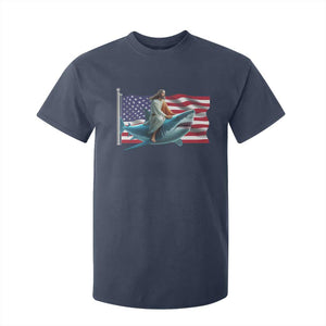 Funny Jesus Shark T Shirt For Kid Christian Patriotic American Flag Meme TS14 Navy Print Your Wear