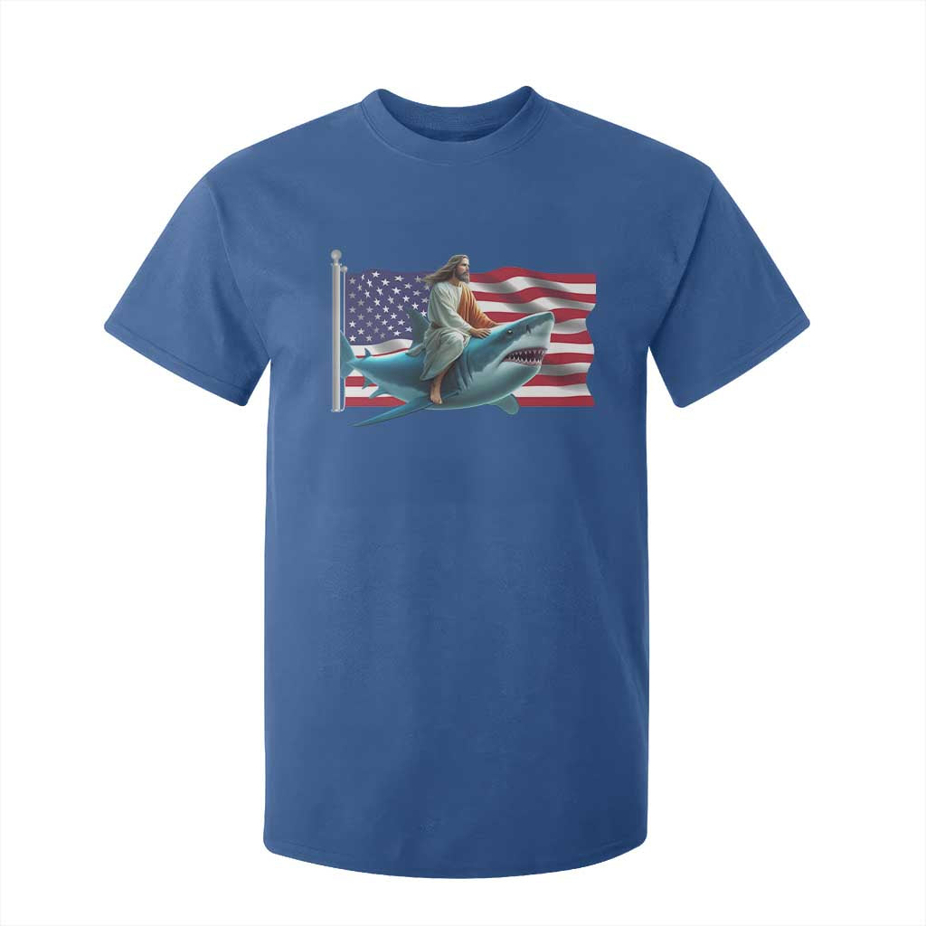 Funny Jesus Shark T Shirt For Kid Christian Patriotic American Flag Meme TS14 Royal Blue Print Your Wear
