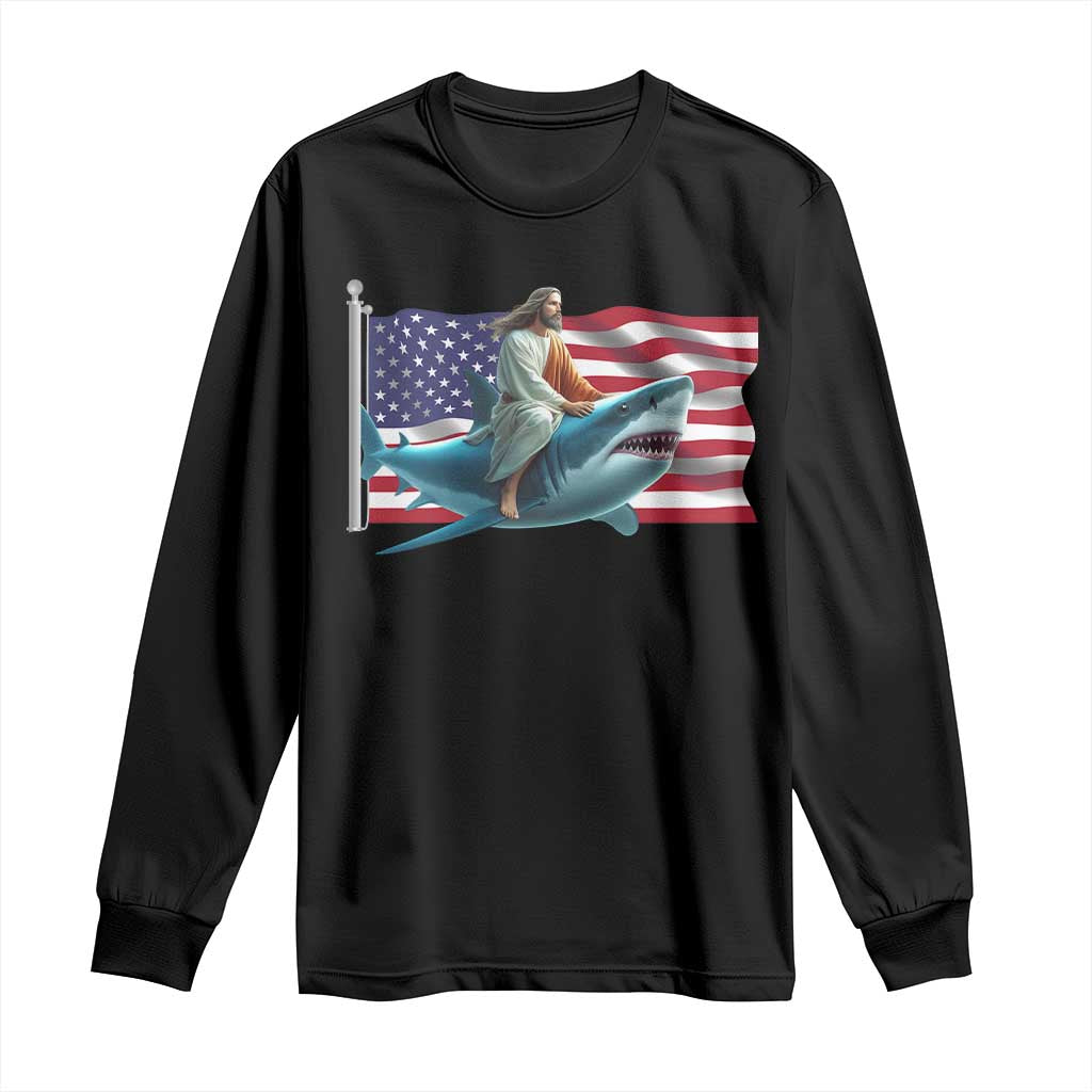 Funny Jesus Shark Long Sleeve Shirt Christian Patriotic American Flag Meme TS14 Black Print Your Wear