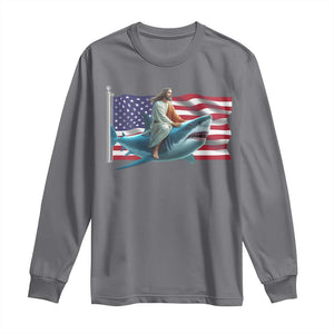 Funny Jesus Shark Long Sleeve Shirt Christian Patriotic American Flag Meme TS14 Charcoal Print Your Wear