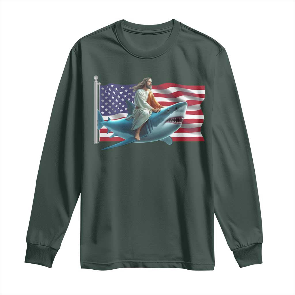 Funny Jesus Shark Long Sleeve Shirt Christian Patriotic American Flag Meme TS14 Dark Forest Green Print Your Wear