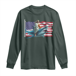 Funny Jesus Shark Long Sleeve Shirt Christian Patriotic American Flag Meme TS14 Dark Forest Green Print Your Wear
