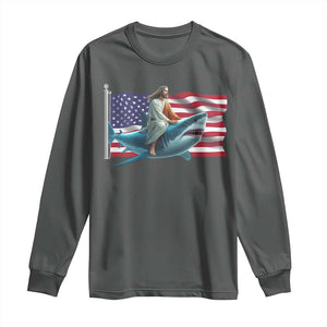 Funny Jesus Shark Long Sleeve Shirt Christian Patriotic American Flag Meme TS14 Dark Heather Print Your Wear
