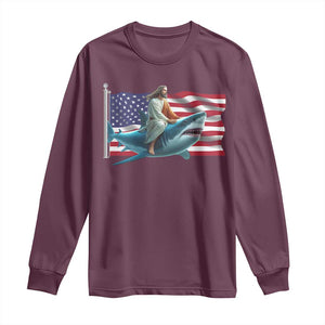 Funny Jesus Shark Long Sleeve Shirt Christian Patriotic American Flag Meme TS14 Maroon Print Your Wear