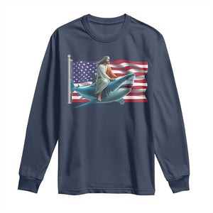 Funny Jesus Shark Long Sleeve Shirt Christian Patriotic American Flag Meme TS14 Navy Print Your Wear