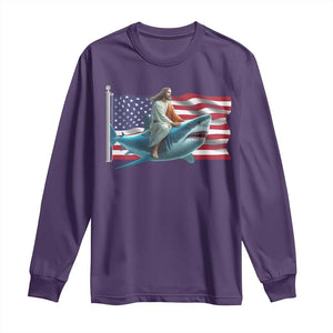 Funny Jesus Shark Long Sleeve Shirt Christian Patriotic American Flag Meme TS14 Purple Print Your Wear