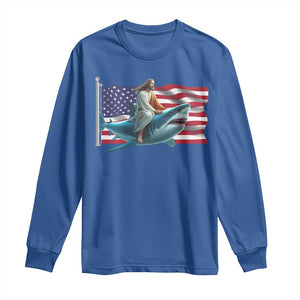 Funny Jesus Shark Long Sleeve Shirt Christian Patriotic American Flag Meme TS14 Royal Blue Print Your Wear