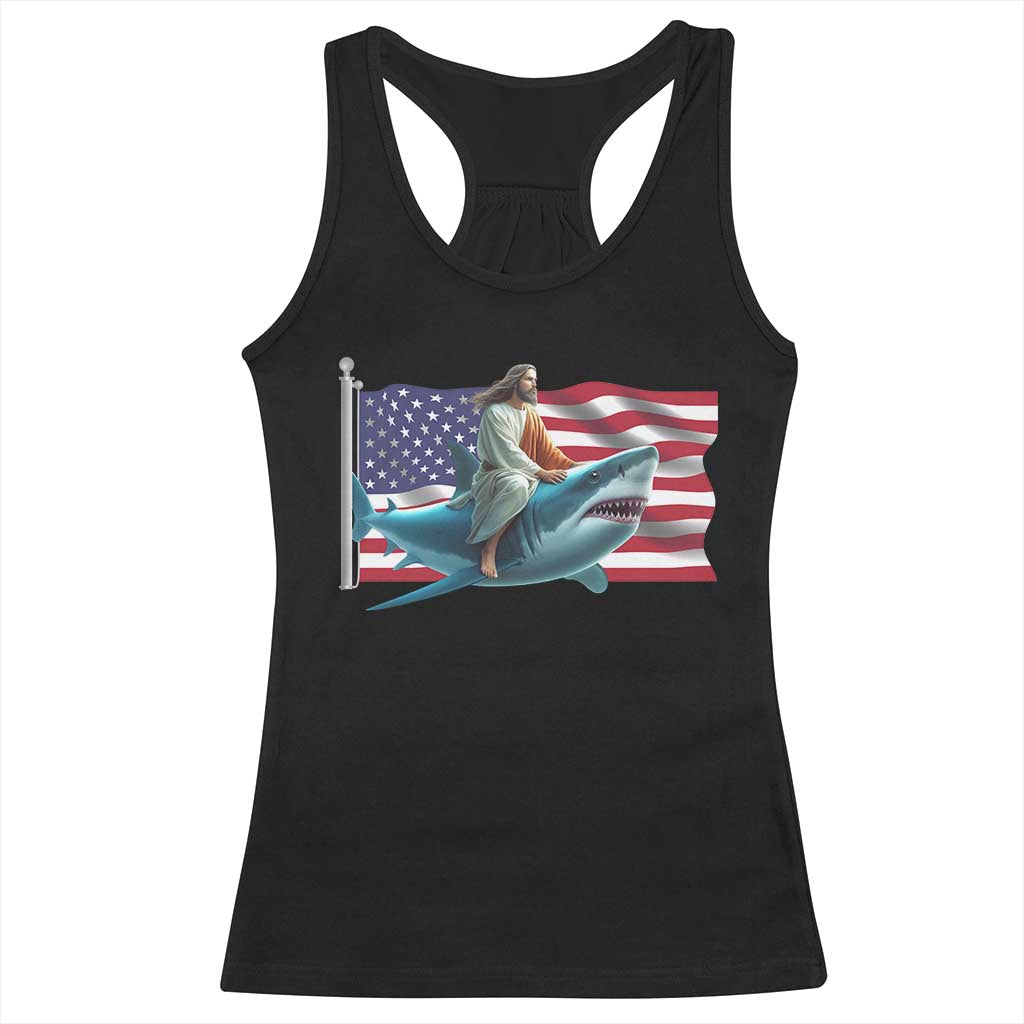 Funny Jesus Shark Racerback Tank Top Christian Patriotic American Flag Meme TS14 Black Print Your Wear