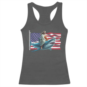 Funny Jesus Shark Racerback Tank Top Christian Patriotic American Flag Meme TS14 Dark Heather Print Your Wear