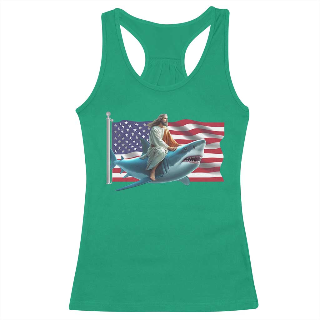 Funny Jesus Shark Racerback Tank Top Christian Patriotic American Flag Meme TS14 Irish Green Print Your Wear