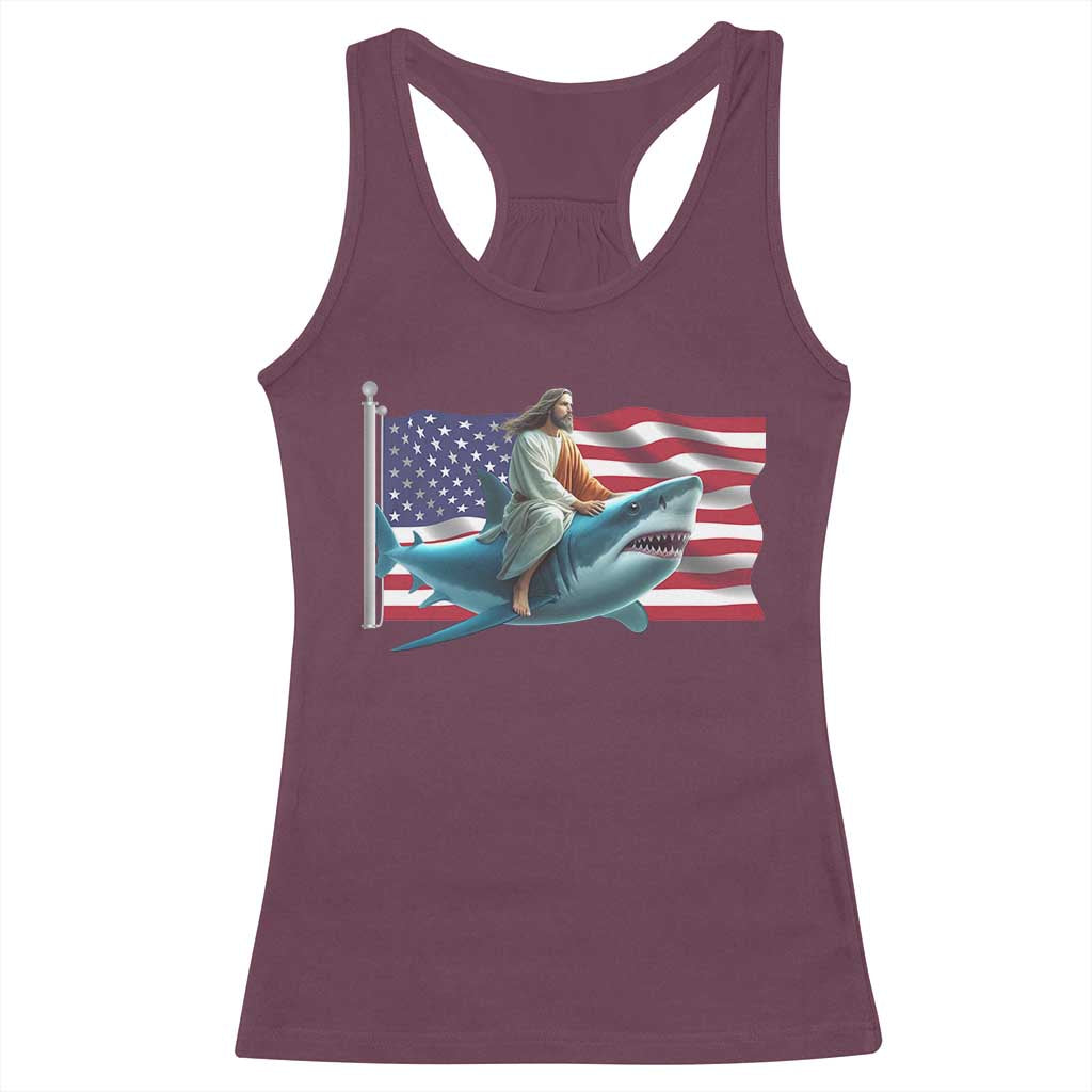 Funny Jesus Shark Racerback Tank Top Christian Patriotic American Flag Meme TS14 Maroon Print Your Wear