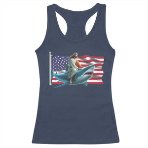 Funny Jesus Shark Racerback Tank Top Christian Patriotic American Flag Meme TS14 Navy Print Your Wear