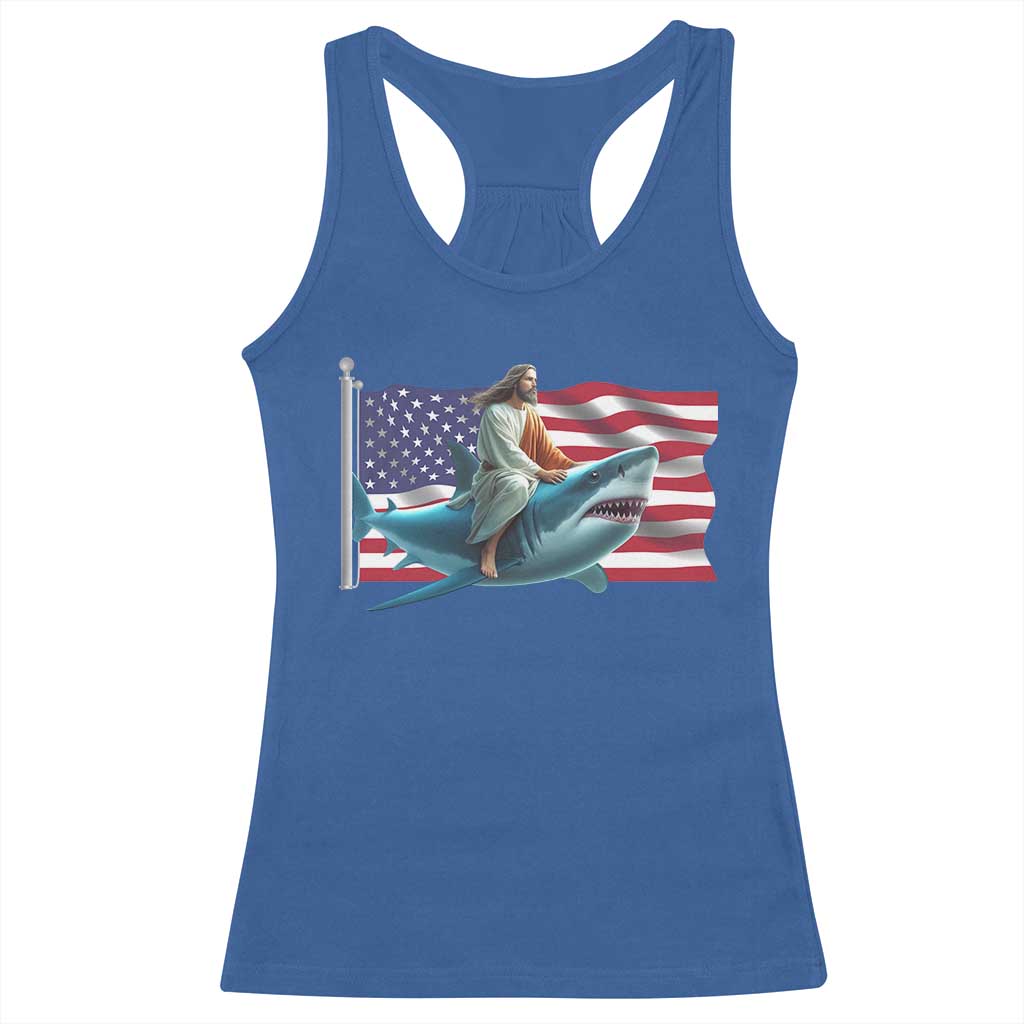 Funny Jesus Shark Racerback Tank Top Christian Patriotic American Flag Meme TS14 Royal Blue Print Your Wear