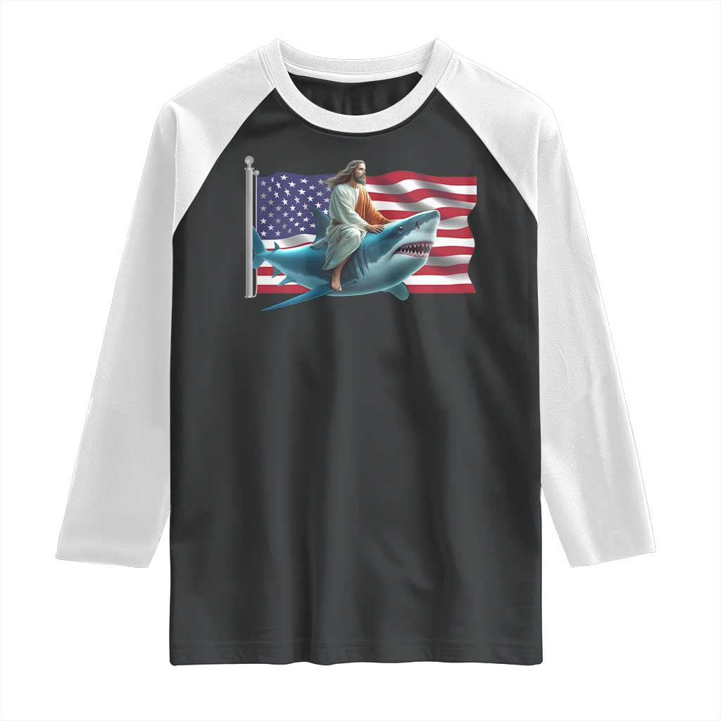 Funny Jesus Shark Raglan Shirt Christian Patriotic American Flag Meme TS14 Black White Print Your Wear