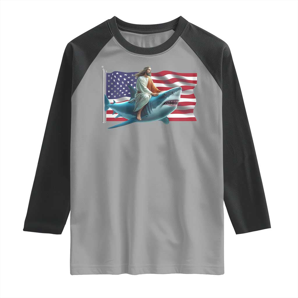 Funny Jesus Shark Raglan Shirt Christian Patriotic American Flag Meme TS14 Sport Gray Black Print Your Wear