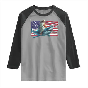 Funny Jesus Shark Raglan Shirt Christian Patriotic American Flag Meme TS14 Sport Gray Black Print Your Wear