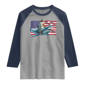 Funny Jesus Shark Raglan Shirt Christian Patriotic American Flag Meme TS14 Sport Gray Navy Print Your Wear