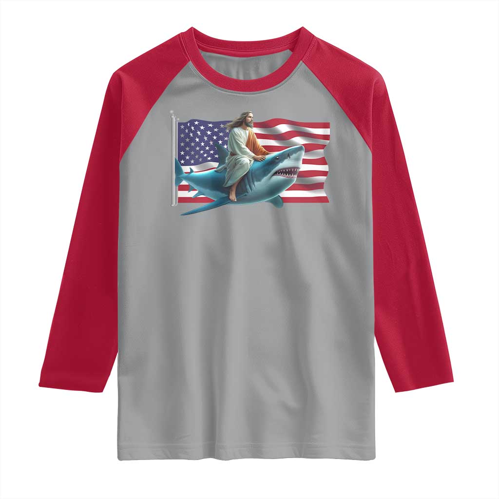 Funny Jesus Shark Raglan Shirt Christian Patriotic American Flag Meme TS14 Sport Gray Red Print Your Wear