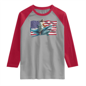 Funny Jesus Shark Raglan Shirt Christian Patriotic American Flag Meme TS14 Sport Gray Red Print Your Wear