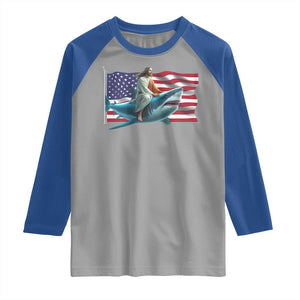 Funny Jesus Shark Raglan Shirt Christian Patriotic American Flag Meme TS14 Sport Gray Royal Print Your Wear