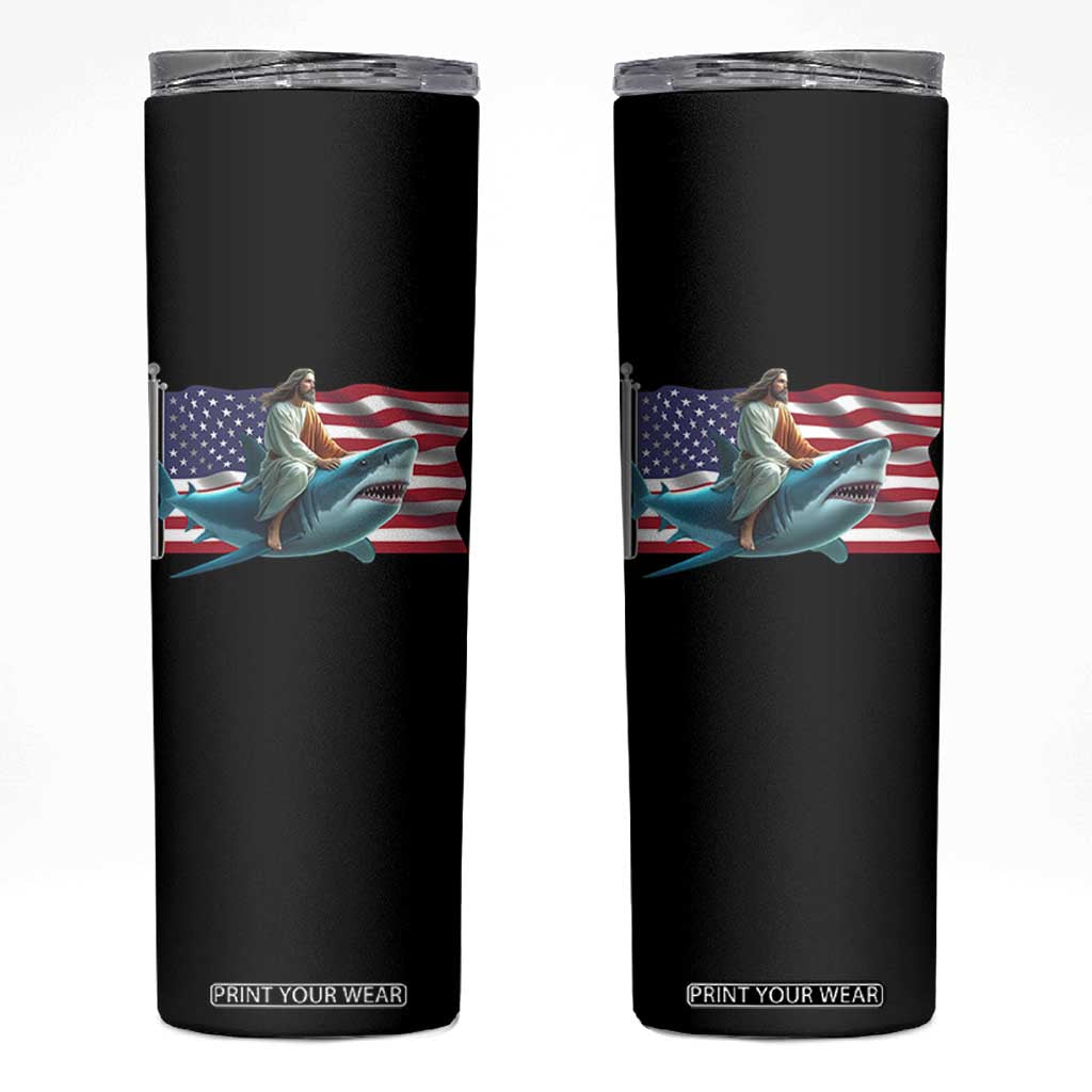 Funny Jesus Shark Skinny Tumbler Christian Patriotic American Flag Meme TS14 Black Print Your Wear
