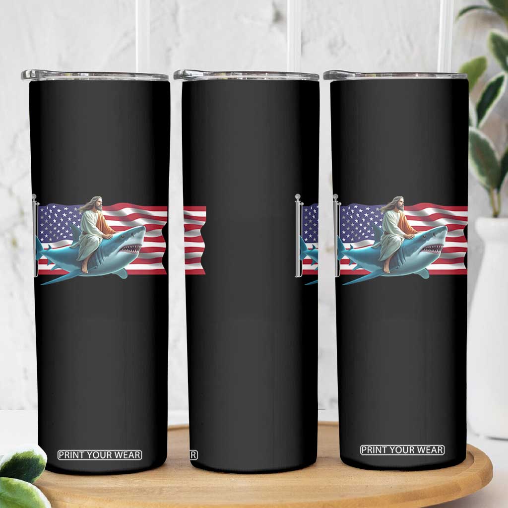 Funny Jesus Shark Skinny Tumbler Christian Patriotic American Flag Meme TS14 Print Your Wear