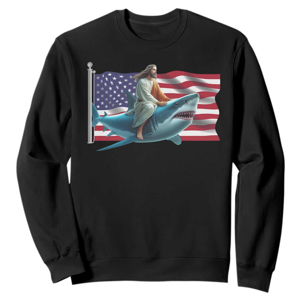 Funny Jesus Shark Sweatshirt Christian Patriotic American Flag Meme TS14 Black Print Your Wear