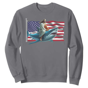 Funny Jesus Shark Sweatshirt Christian Patriotic American Flag Meme TS14 Charcoal Print Your Wear