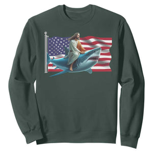 Funny Jesus Shark Sweatshirt Christian Patriotic American Flag Meme TS14 Dark Forest Green Print Your Wear