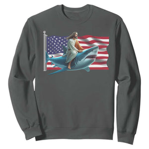 Funny Jesus Shark Sweatshirt Christian Patriotic American Flag Meme TS14 Dark Heather Print Your Wear