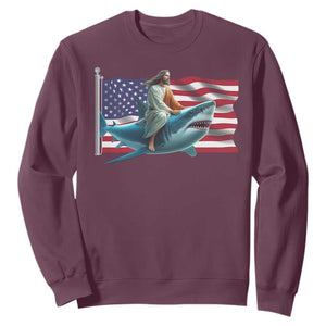 Funny Jesus Shark Sweatshirt Christian Patriotic American Flag Meme TS14 Maroon Print Your Wear